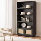 Étagère à 5 niveaux, bibliothèque bohème avec portes en rotin, bibliothèque et étagère en bois avec rangement, étagère haute, grande bibliothèque pour salon, maison