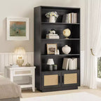 5 Tier Bookshelf, Boho Bookcase with Rattan Doors, Wooden Bookcase and Bookshelf with Storage, Tall Book Stand, Large Bookshelf for Living Room,Home