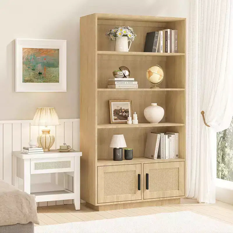 Étagère à 5 niveaux, bibliothèque bohème avec portes en rotin, bibliothèque et étagère en bois avec rangement, étagère haute, grande bibliothèque pour salon, maison