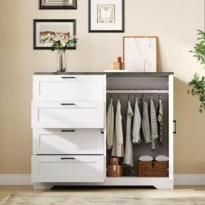 Commode en bois à 4 tiroirs et tringle à vêtements pour chambre à coucher, armoire penderie à 2 portes de 110 cm de hauteur, meuble de rangement bas pour vêtements suspendus