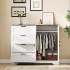 Commode en bois à 4 tiroirs et tringle à vêtements pour chambre à coucher, armoire penderie à 2 portes de 110 cm de hauteur, meuble de rangement bas pour vêtements suspendus