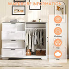 Commode en bois à 4 tiroirs et tringle à vêtements pour chambre à coucher, armoire penderie à 2 portes de 110 cm de hauteur, meuble de rangement bas pour vêtements suspendus