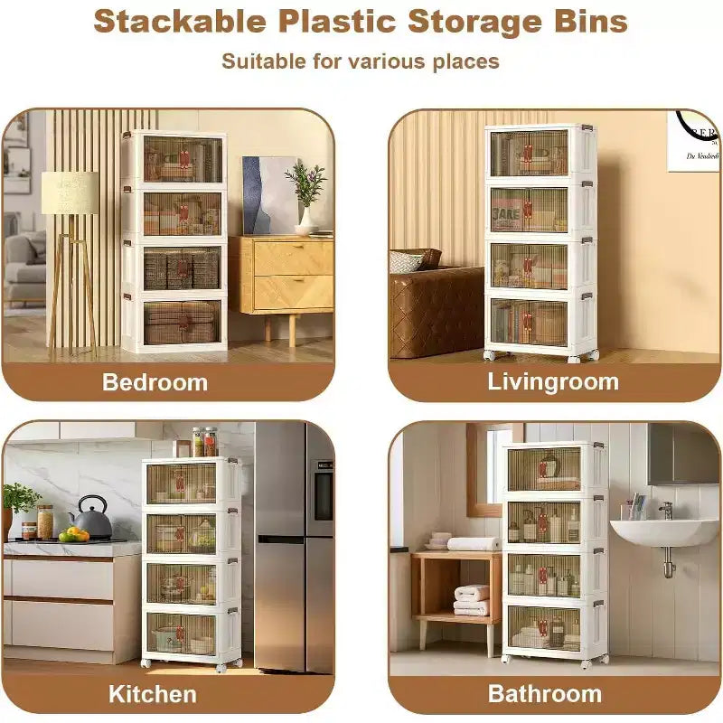 Boîtes de rangement superposables à 4 niveaux, armoire de rangement en plastique de grande capacité, avec porte et roulettes pour ranger les aliments, les jouets dans la chambre et le salon
