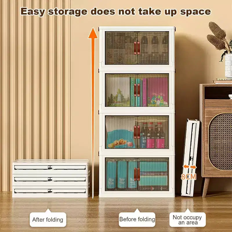 Boîtes de rangement superposables à 4 niveaux, armoire de rangement en plastique de grande capacité, avec porte et roulettes pour ranger les aliments, les jouets dans la chambre et le salon