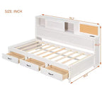Lit de repos simple à design naturel avec 3 tiroirs et tête de lit de rangement, cadre de lit plateforme en bois massif pour adolescents et adultes