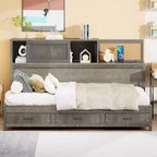 Lit de repos simple à design naturel avec 3 tiroirs et tête de lit de rangement, cadre de lit plateforme en bois massif pour adolescents et adultes