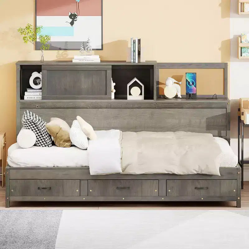 Lit de repos simple à design naturel avec 3 tiroirs et tête de lit de rangement, cadre de lit plateforme en bois massif pour adolescents et adultes