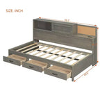 Lit de repos simple à design naturel avec 3 tiroirs et tête de lit de rangement, cadre de lit plateforme en bois massif pour adolescents et adultes