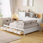 Lit de repos simple à design naturel avec 3 tiroirs et tête de lit de rangement, cadre de lit plateforme en bois massif pour adolescents et adultes