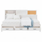 Lit de repos simple à design naturel avec 3 tiroirs et tête de lit de rangement, cadre de lit plateforme en bois massif pour adolescents et adultes