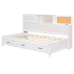 Lit de repos simple à design naturel avec 3 tiroirs et tête de lit de rangement, cadre de lit plateforme en bois massif pour adolescents et adultes