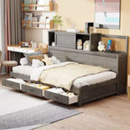 Okak Twin Size Natural Design Daybed with 3 Drawers & Storage HeadBoard,Solid Wood Platform Bed Frame for Teens,Adults