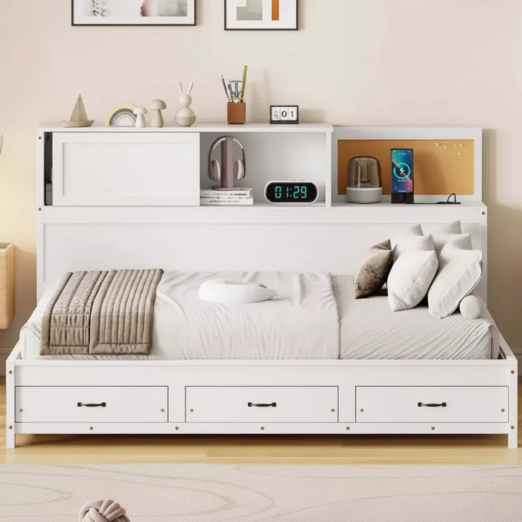 Lit de repos simple à design naturel avec 3 tiroirs et tête de lit de rangement, cadre de lit plateforme en bois massif pour adolescents et adultes