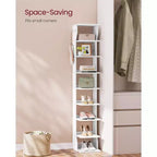 Étagère à chaussures verticale à 9 niveaux, Organiseur de rangement de chaussures étroit avec crochets, Tour de rangement de chaussures d'angle mince, pour entrée, chambre, blanc