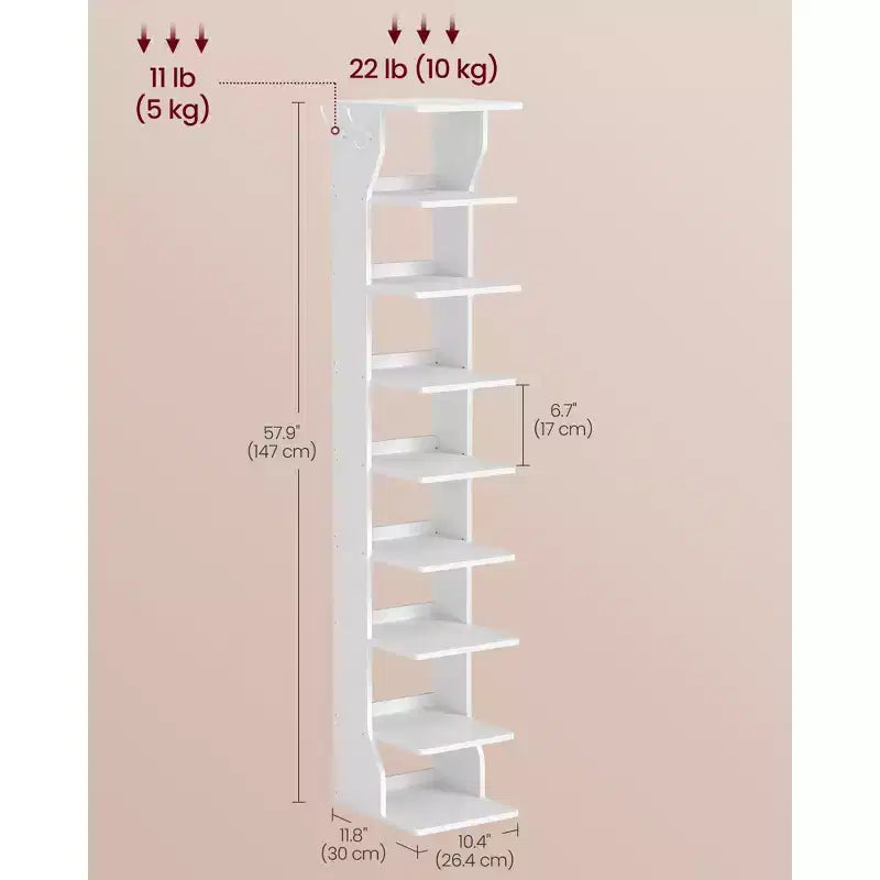 Étagère à chaussures verticale à 9 niveaux, Organiseur de rangement de chaussures étroit avec crochets, Tour de rangement de chaussures d'angle mince, pour entrée, chambre, blanc