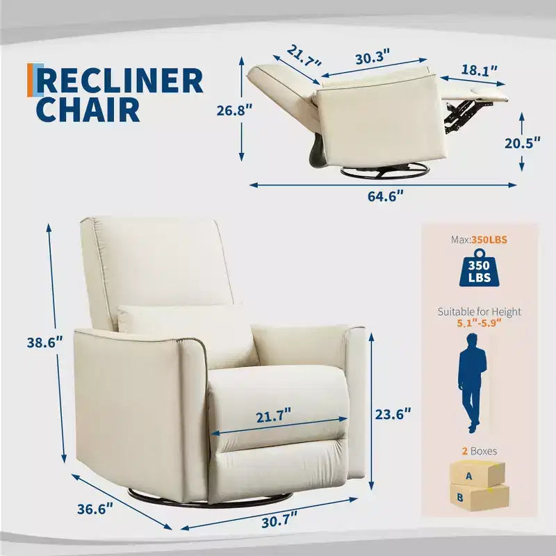 Fauteuil inclinable pivotant et basculant, support lombaire et accoudoirs rembourrés, fauteuil inclinable à bascule confortable, pour salon, chambre à coucher