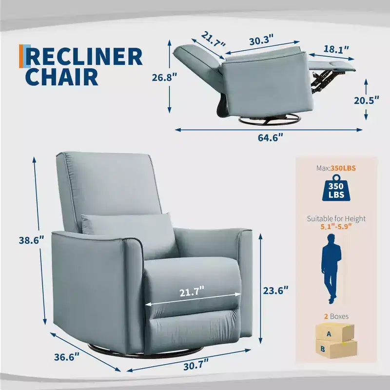 Fauteuil inclinable pivotant et basculant, support lombaire et accoudoirs rembourrés, fauteuil inclinable à bascule confortable, pour salon, chambre à coucher