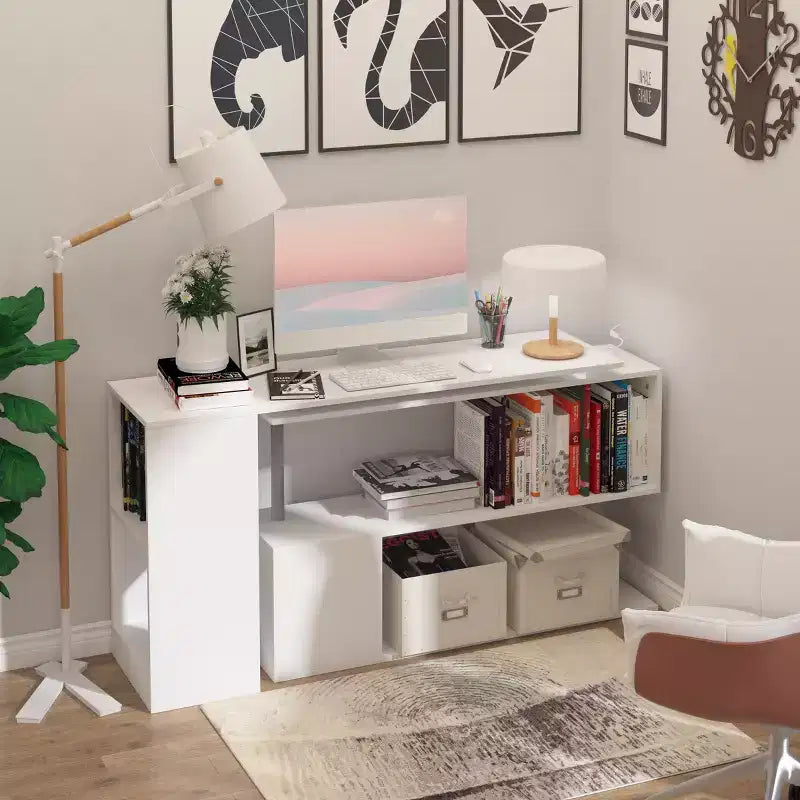55 360 degrés Rotation Coin Bureau D'ordinateur Moderne Bureau à Domicile en Forme de L avec Étagères de Rangement à 3 Niveaux, Bibliothèque