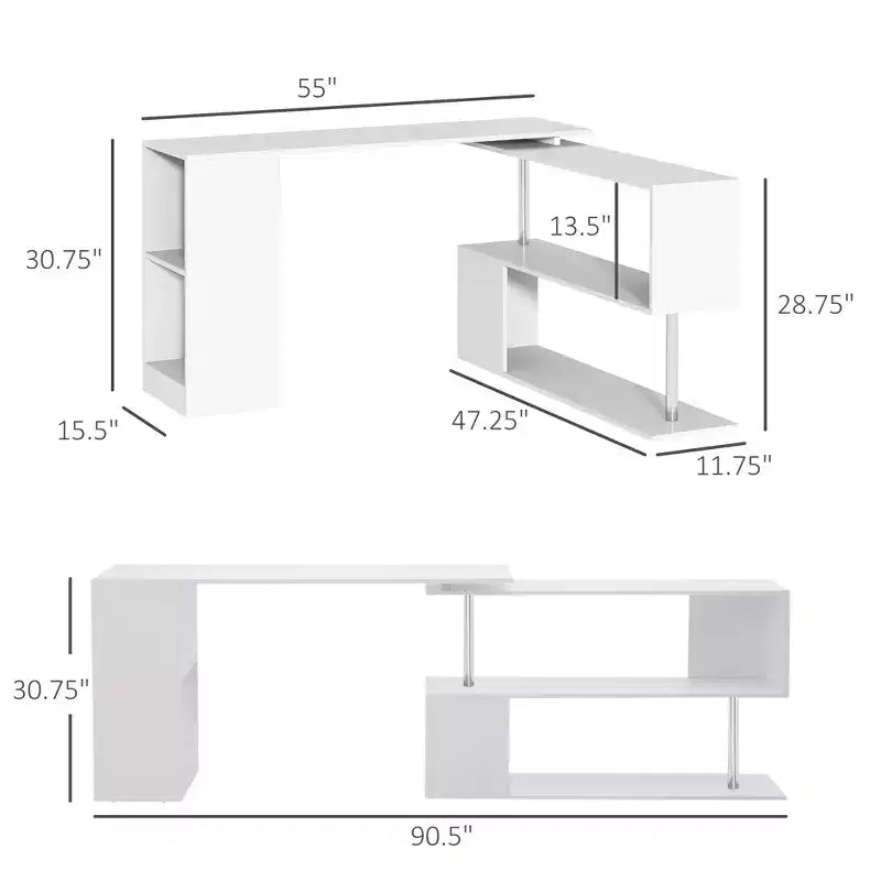 55 360 degrés Rotation Coin Bureau D'ordinateur Moderne Bureau à Domicile en Forme de L avec Étagères de Rangement à 3 Niveaux, Bibliothèque