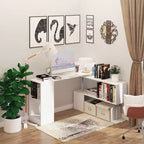55 360 degrés Rotation Coin Bureau D'ordinateur Moderne Bureau à Domicile en Forme de L avec Étagères de Rangement à 3 Niveaux, Bibliothèque