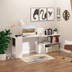 55 360 degrés Rotation Coin Bureau D'ordinateur Moderne Bureau à Domicile en Forme de L avec Étagères de Rangement à 3 Niveaux, Bibliothèque