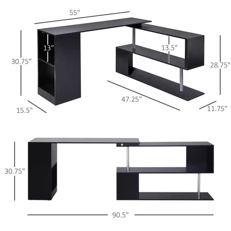 55 360 degrés Rotation Coin Bureau D'ordinateur Moderne Bureau à Domicile en Forme de L avec Étagères de Rangement à 3 Niveaux, Bibliothèque