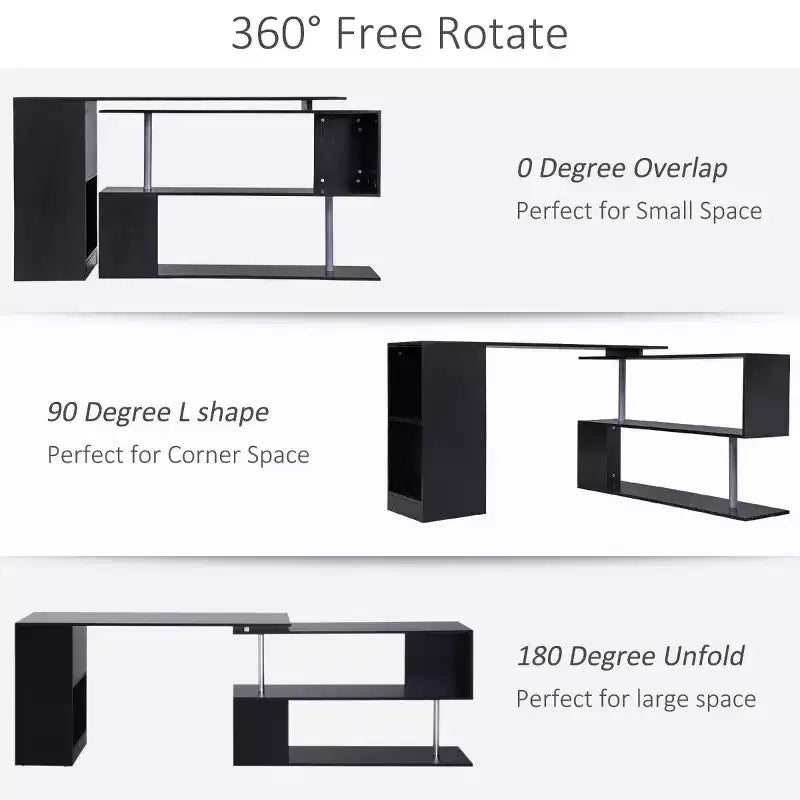 55 360 degrés Rotation Coin Bureau D'ordinateur Moderne Bureau à Domicile en Forme de L avec Étagères de Rangement à 3 Niveaux, Bibliothèque