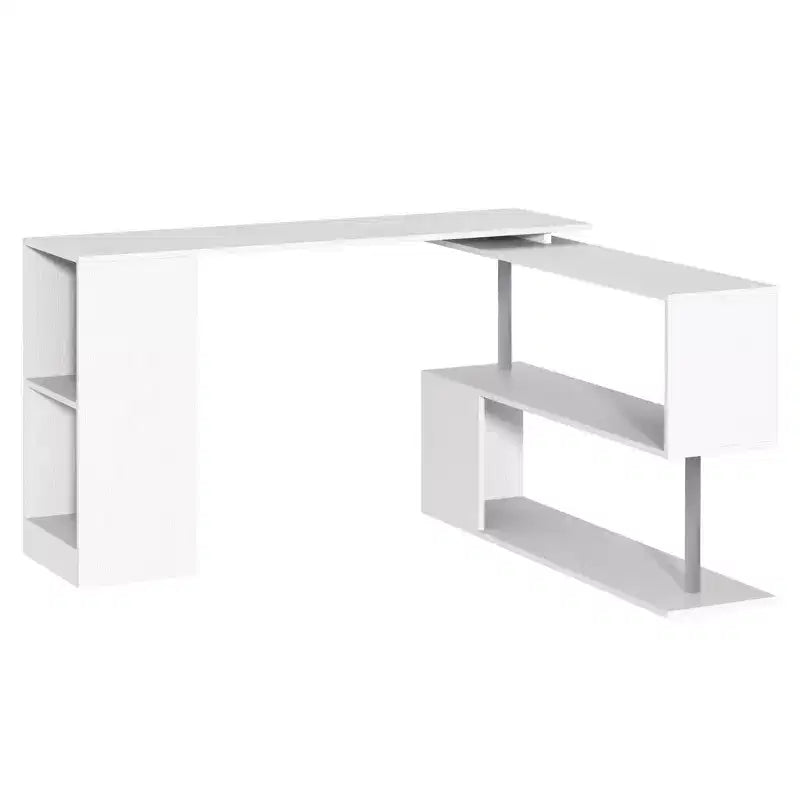 55 360 degrés Rotation Coin Bureau D'ordinateur Moderne Bureau à Domicile en Forme de L avec Étagères de Rangement à 3 Niveaux, Bibliothèque