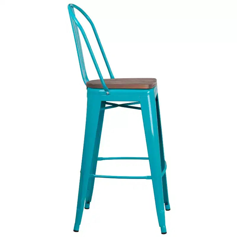 Tabouret de bar en métal avec dossier et assise en bois, hauteur 76 cm