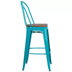 Tabouret de bar en métal avec dossier et assise en bois, hauteur 76 cm
