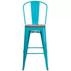 Tabouret de bar en métal avec dossier et assise en bois, hauteur 76 cm