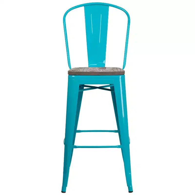 Tabouret de bar en métal avec dossier et assise en bois, hauteur 76 cm