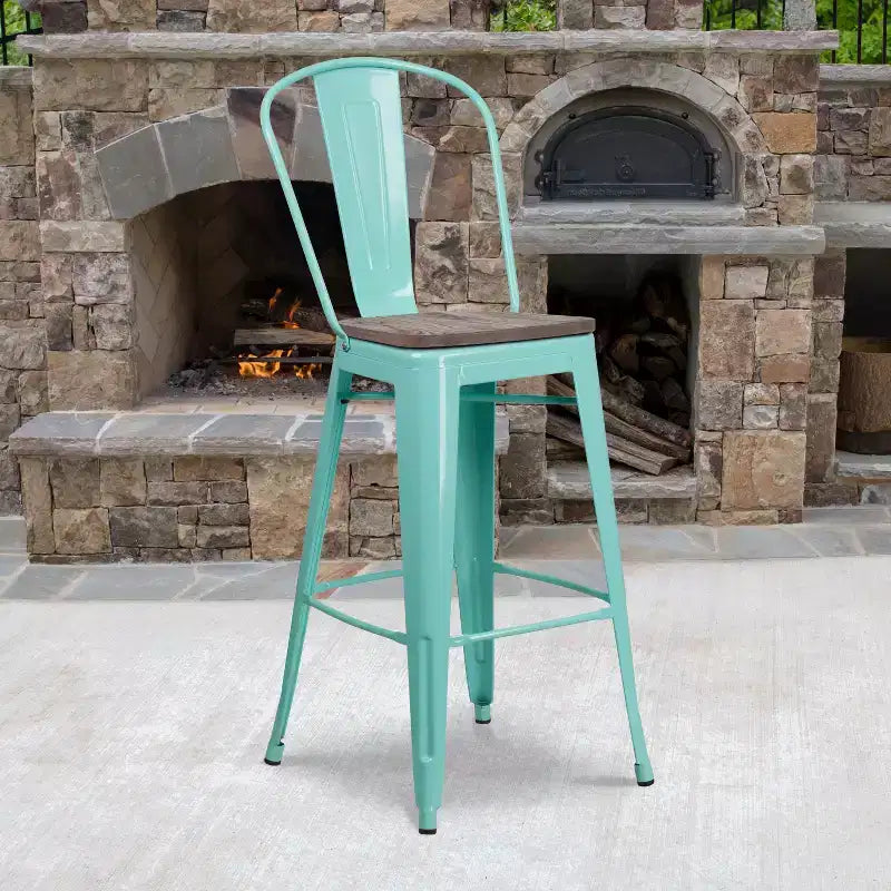 Tabouret de bar en métal avec dossier et assise en bois, hauteur 76 cm