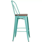 Tabouret de bar en métal avec dossier et assise en bois, hauteur 76 cm