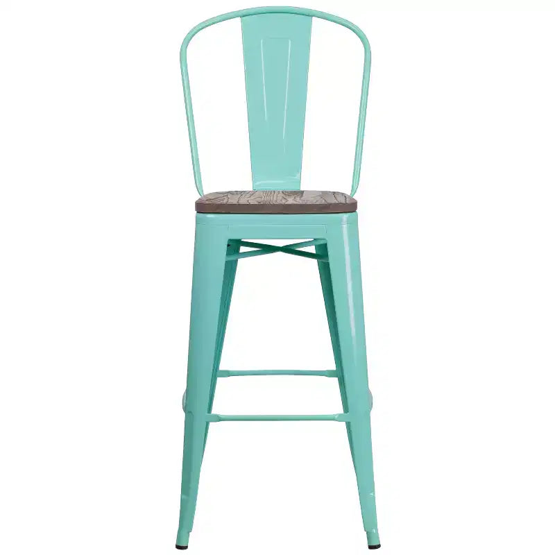 Tabouret de bar en métal avec dossier et assise en bois, hauteur 76 cm