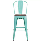 Tabouret de bar en métal avec dossier et assise en bois, hauteur 76 cm