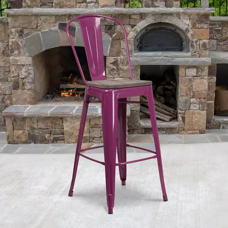 Tabouret de bar en métal avec dossier et assise en bois, hauteur 76 cm