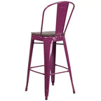 Tabouret de bar en métal avec dossier et assise en bois, hauteur 76 cm