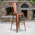 Tabouret de bar en métal avec dossier et assise en bois, hauteur 76 cm