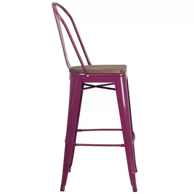 Tabouret de bar en métal avec dossier et assise en bois, hauteur 76 cm