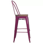 Tabouret de bar en métal avec dossier et assise en bois, hauteur 76 cm