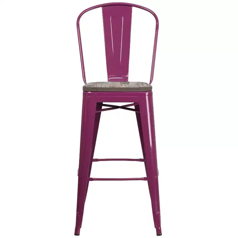 Tabouret de bar en métal avec dossier et assise en bois, hauteur 76 cm