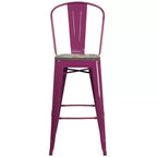 Tabouret de bar en métal avec dossier et assise en bois, hauteur 76 cm