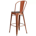 Tabouret de bar en métal avec dossier et assise en bois, hauteur 76 cm