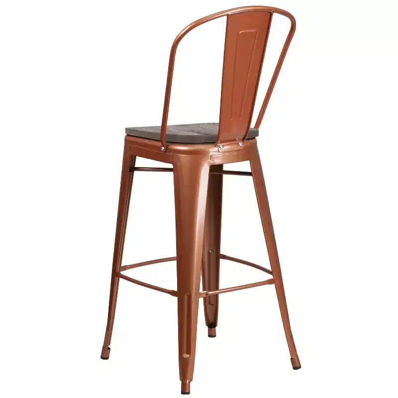 Tabouret de bar en métal avec dossier et assise en bois, hauteur 76 cm