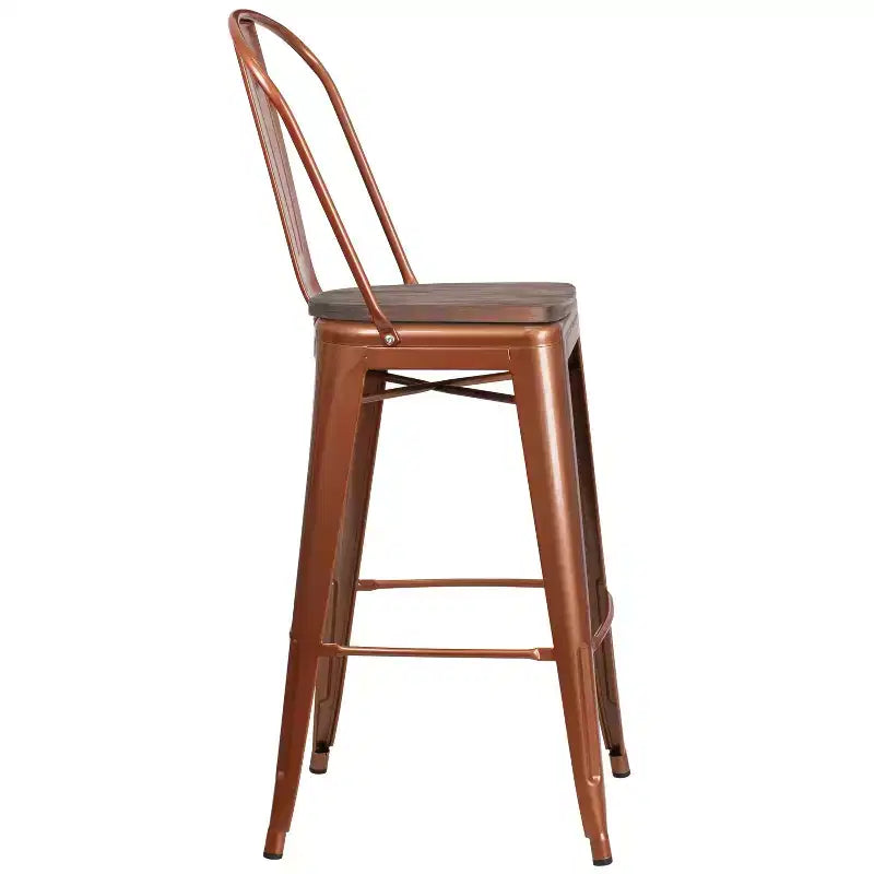 Tabouret de bar en métal avec dossier et assise en bois, hauteur 76 cm