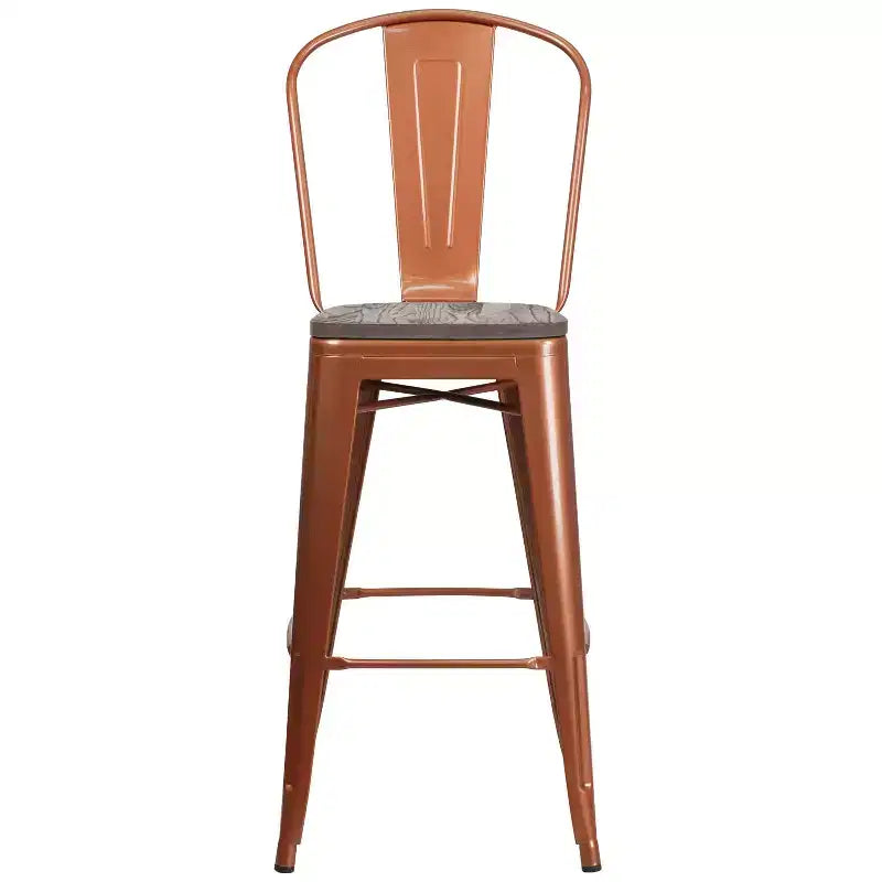 Tabouret de bar en métal avec dossier et assise en bois, hauteur 76 cm