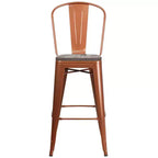 Tabouret de bar en métal avec dossier et assise en bois, hauteur 76 cm