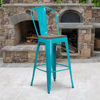 Tabouret de bar en métal avec dossier et assise en bois, hauteur 76 cm