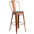 Tabouret de bar en métal avec dossier et assise en bois, hauteur 76 cm
